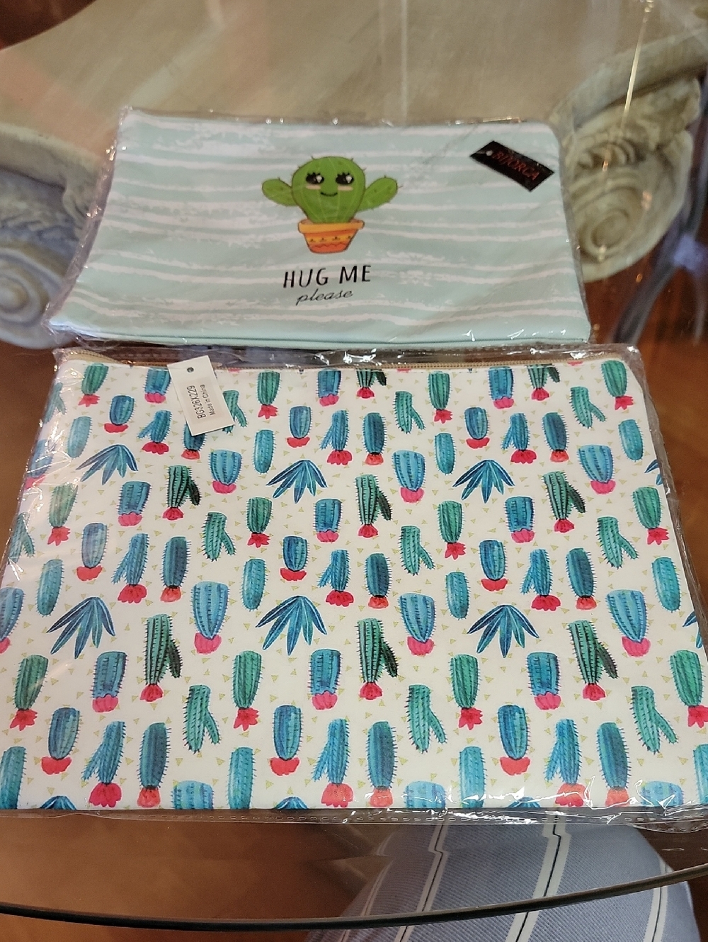 Hug Me Cactus Cosmetic Pouch - Blue & White